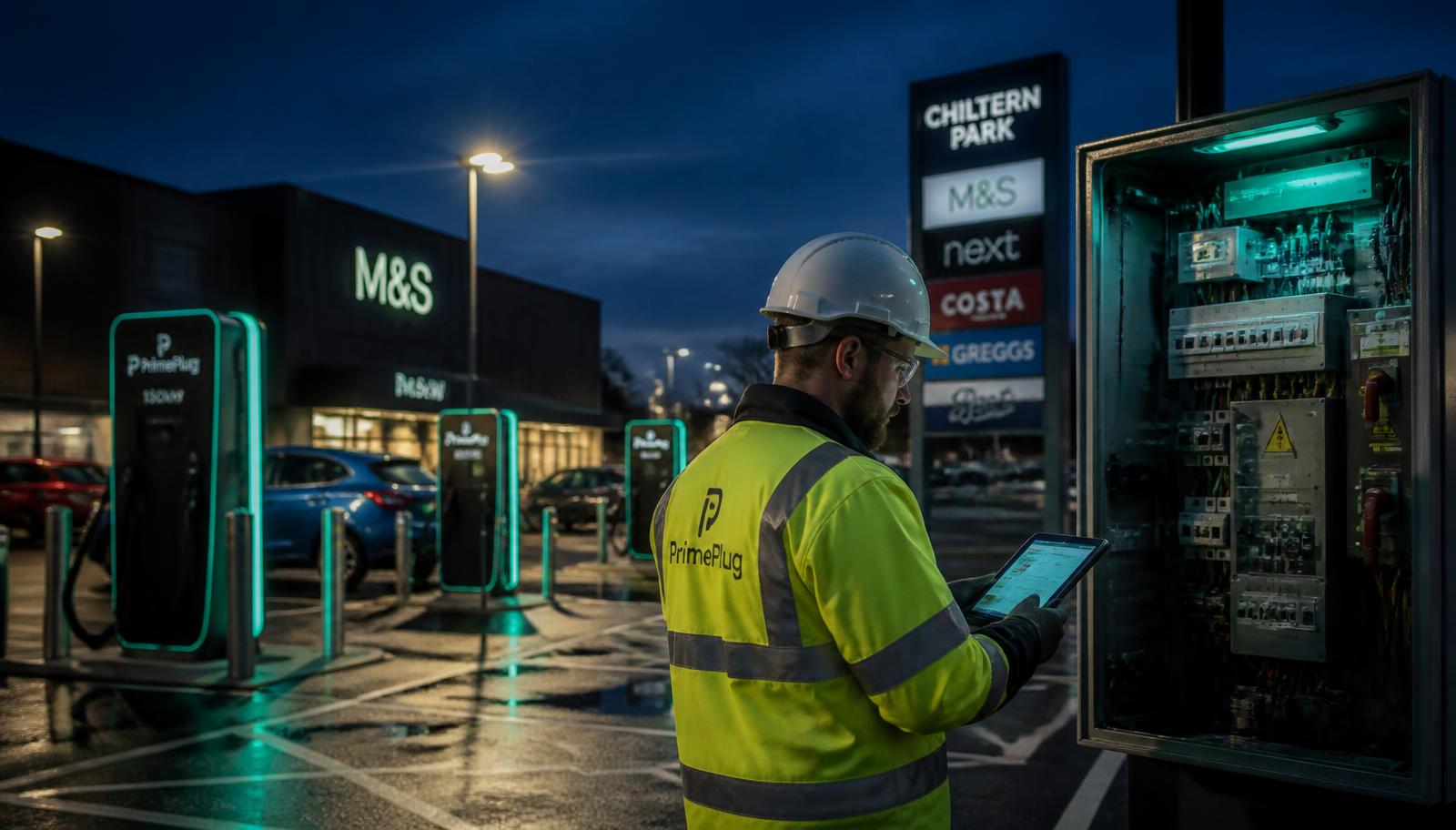 Hangar 19 surveyor inspecting an electrical distribution board beside rapid EV chargers